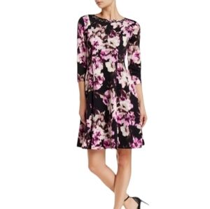 New Eliza J Dress Jeweled Neck purple abstract Print Flared Scuba Knit SZ: 14